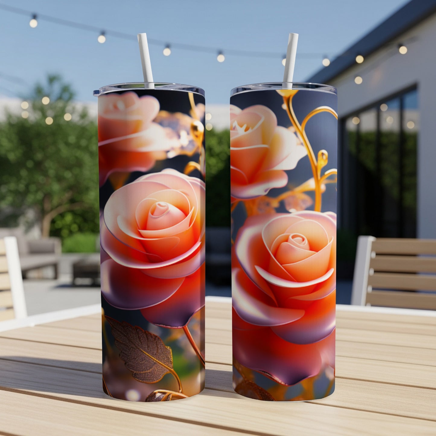 Two tall tumblers with a close-up gradient rose design on a wooden table.
