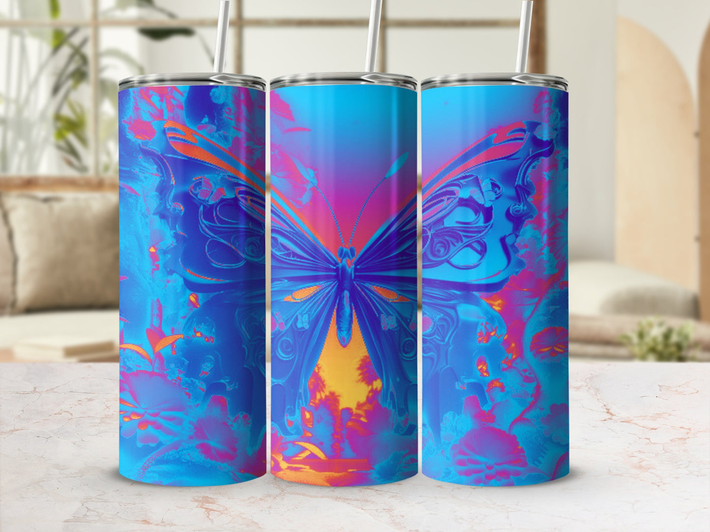 Triptych of tumblers featuring a vibrant butterfly design with blue, purple, and orange gradient.