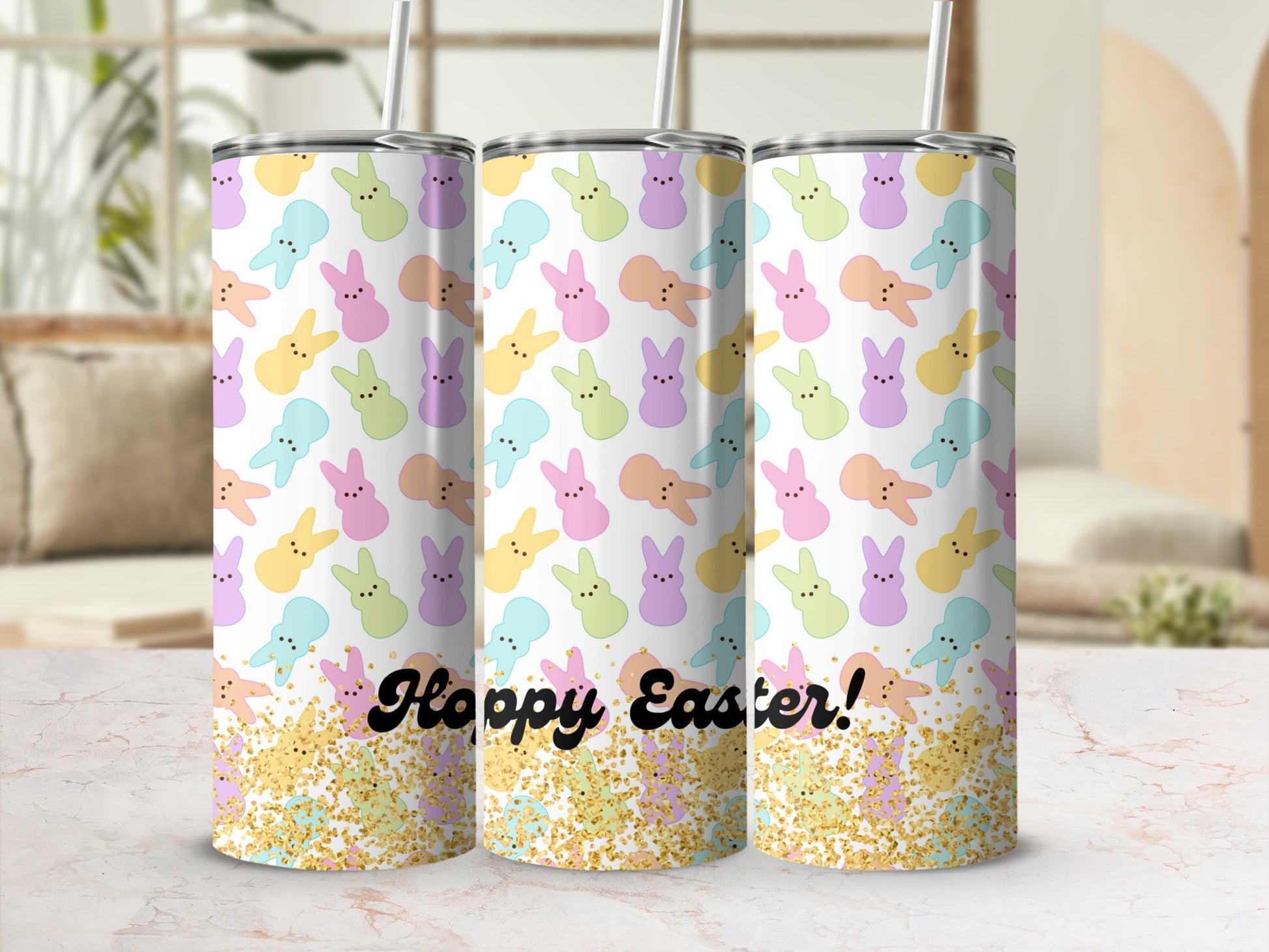 Pastel bunny pattern tumbler with "Hoppy Easter" text and glitter accents.