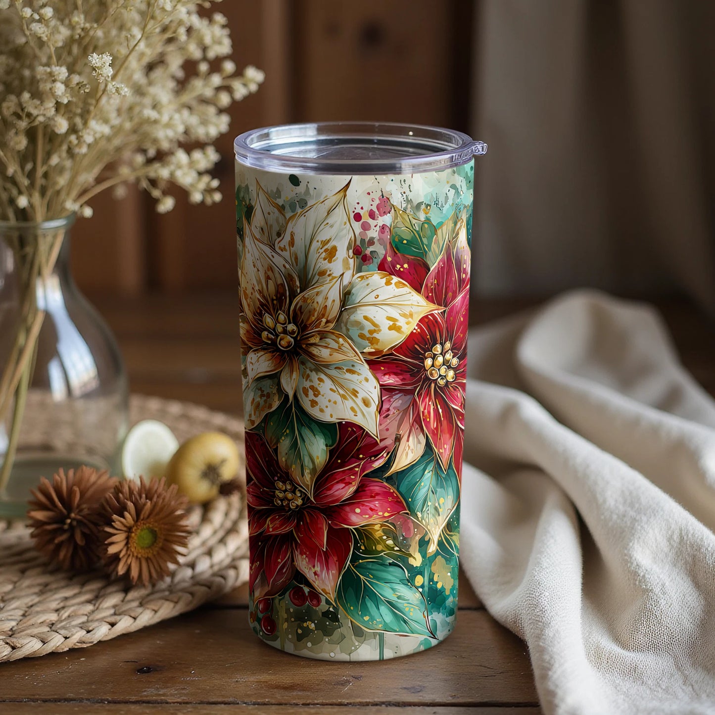 Festive Floral Travel Tumbler for Holiday Beverages