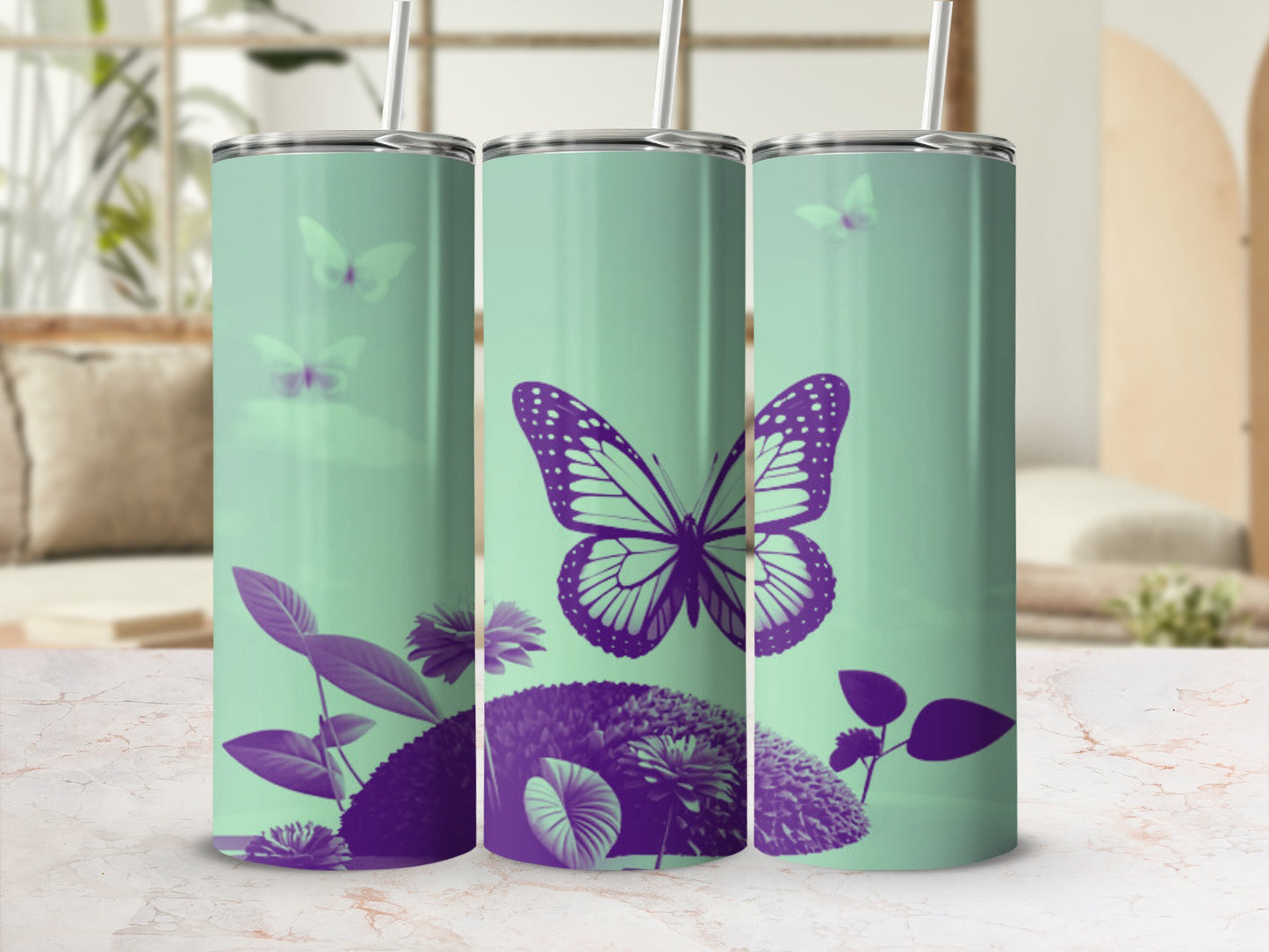 Green tumbler with purple butterfly and floral design.
