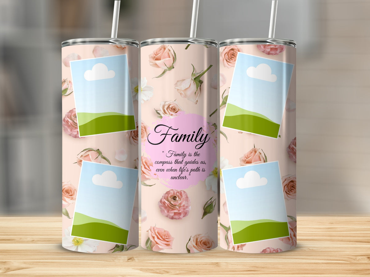Three tumblers with floral pattern and placeholder photos, featuring "Family" quote.
