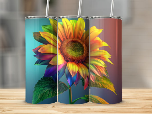 Three tumblers with a vibrant, abstract sunflower design.
