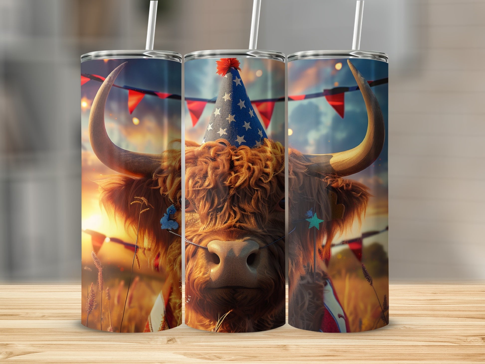 Highland cow wearing party hat and bandana, with string lights.