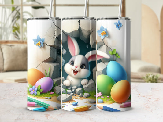Easter bunny peeking through cracked wall with colorful eggs and pencils.