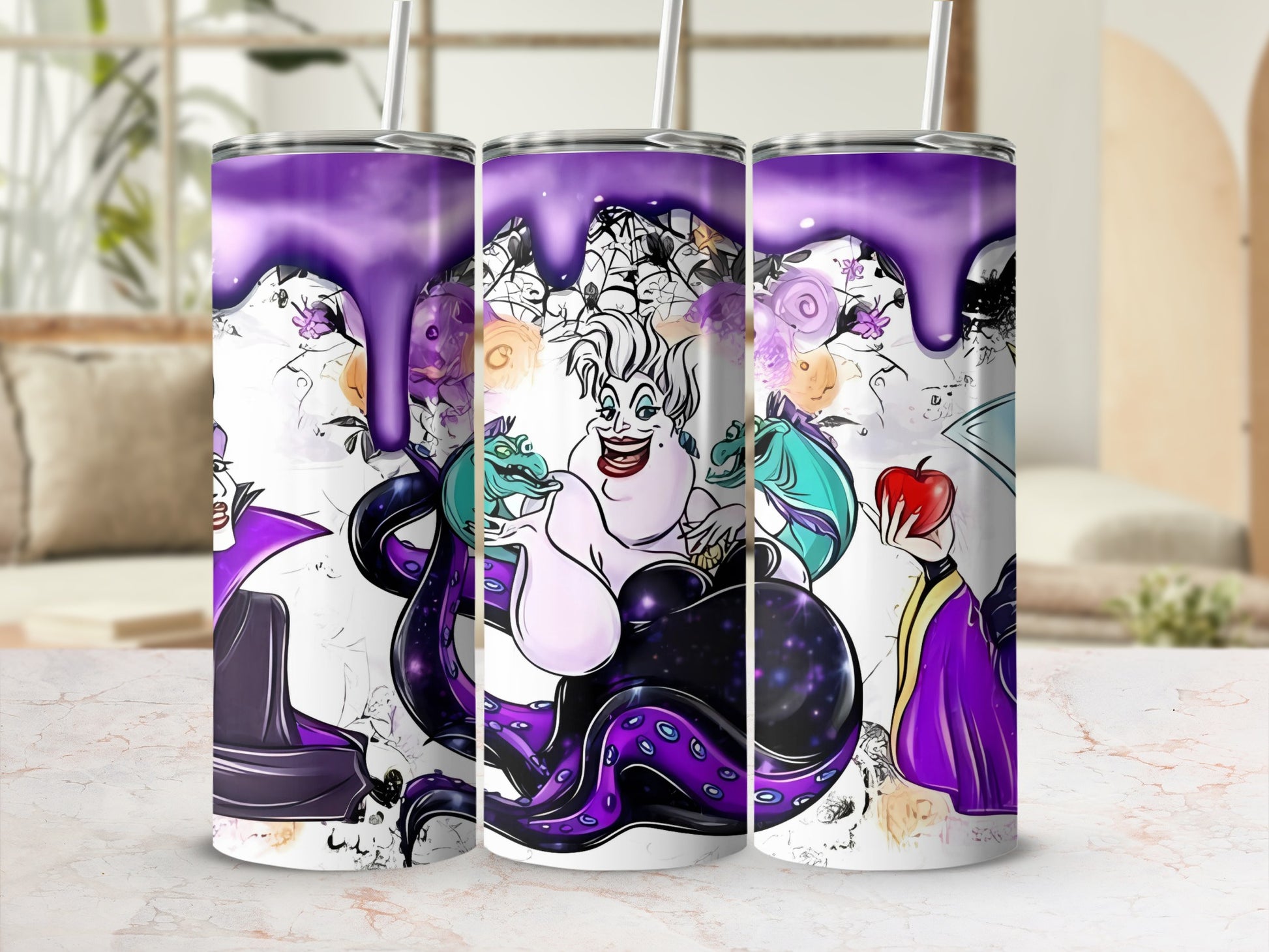 Colorful Villains Tumbler Cup with Purple Drip Art Design