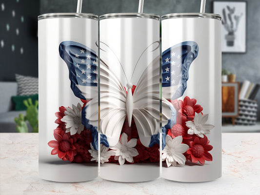 Butterfly with American flag wings perched on red and white flowers.