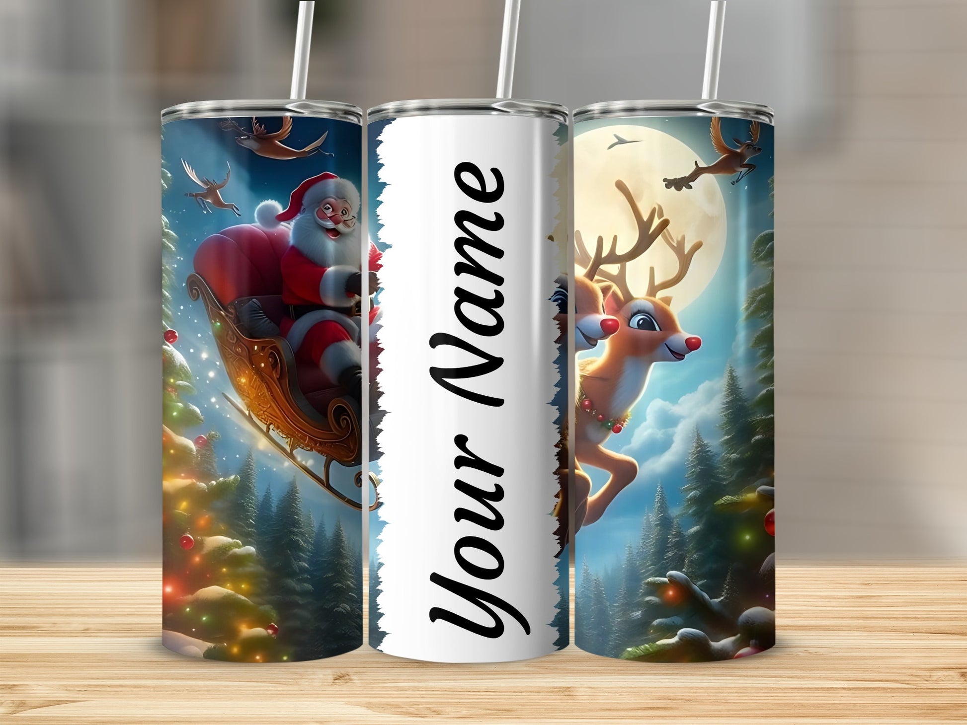 Personalized Santa and Reindeer Themed Tumbler