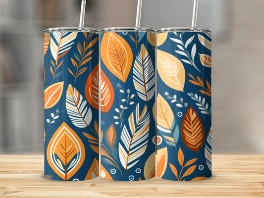 Three tumblers with a blue background and a falling leaf pattern.