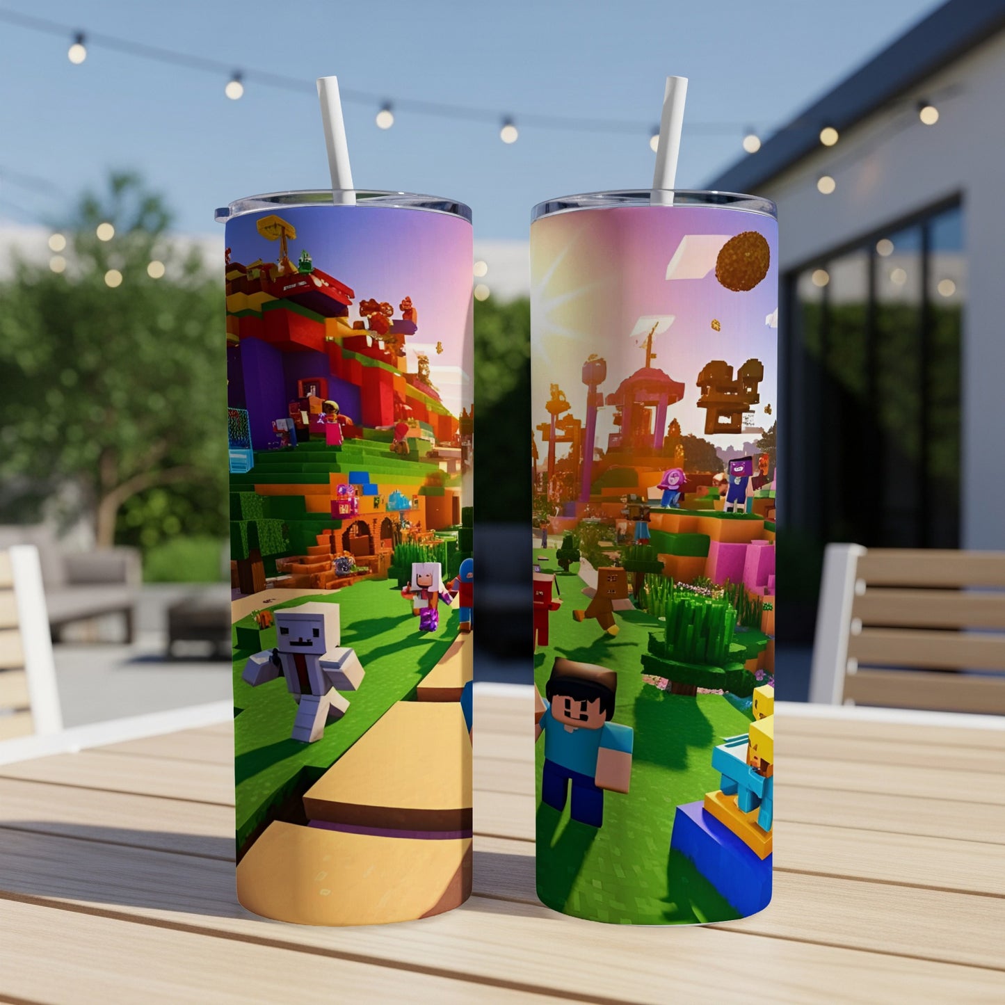 Minecraft-themed tumbler with colorful characters and blocky landscape on outdoor table.