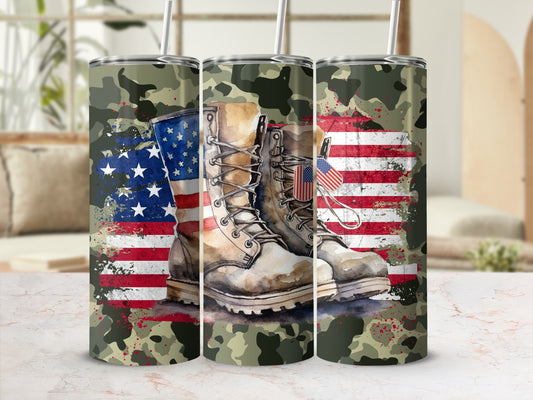 Camouflage tumbler with worn boots and American flag detail.