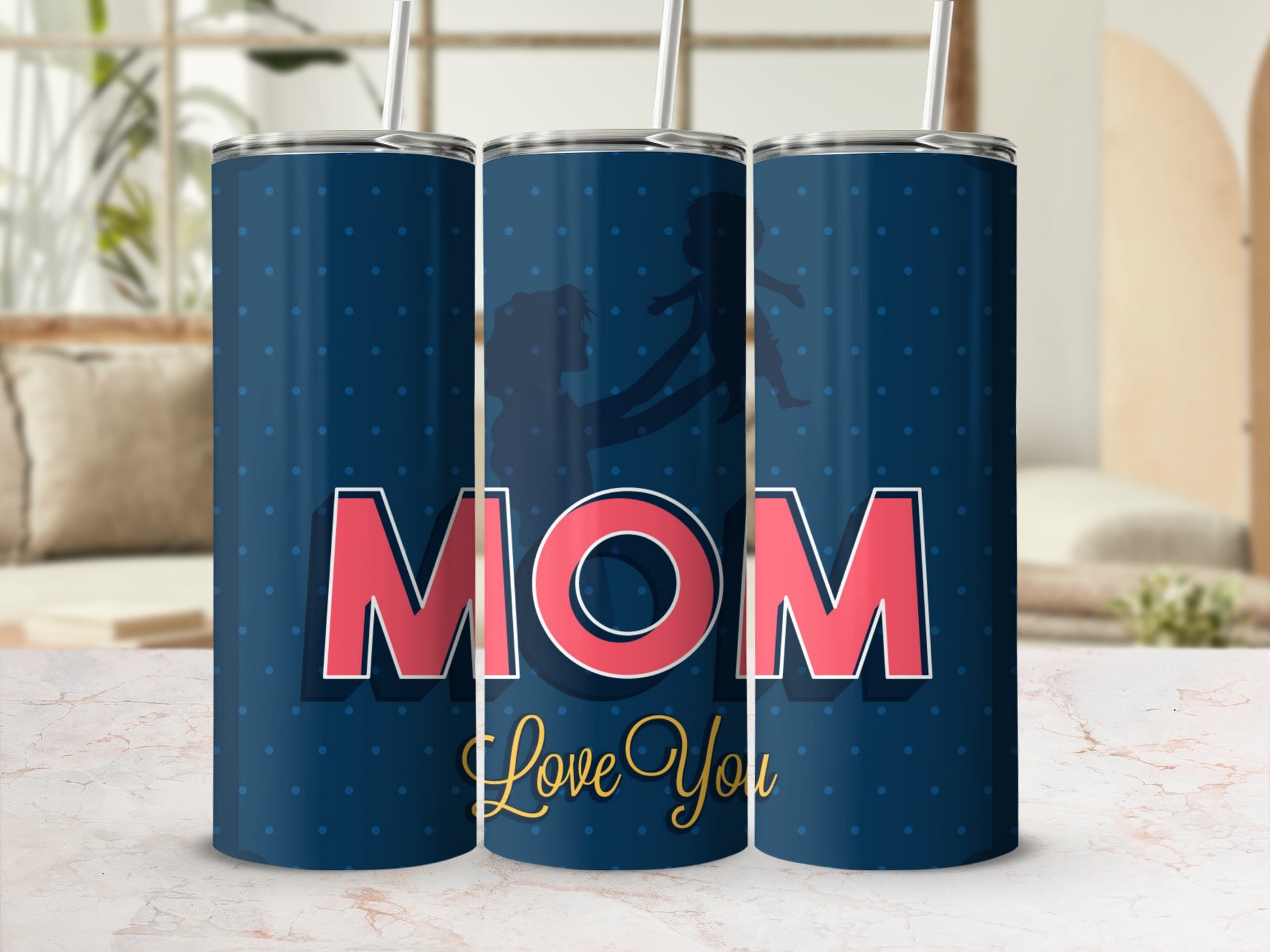Personalized Mom Love You Blue Tumbler with Polka Dots
