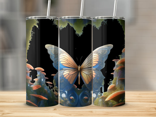 Three tumblers with a fantasy butterfly and mushroom design.