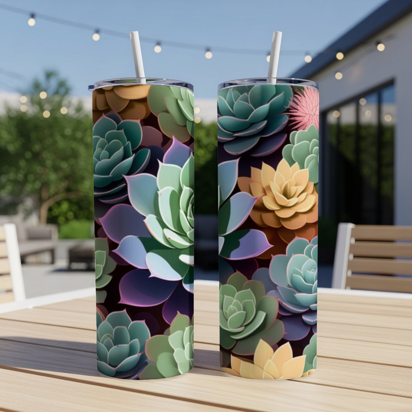 Two tumblers with colorful succulent patterns on a table outdoors.
