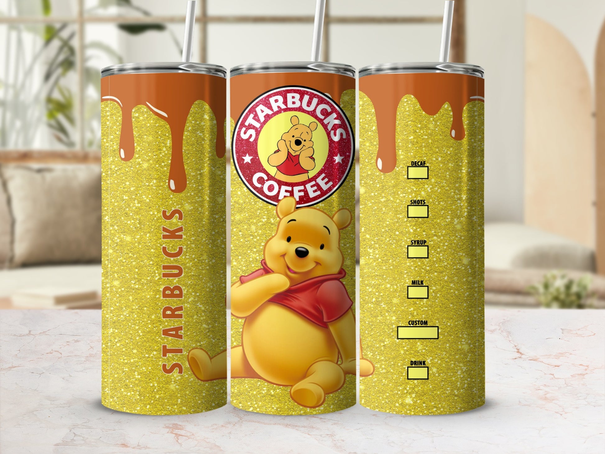 Glittery Winnie The Pooh Starbucks Coffee Tumbler