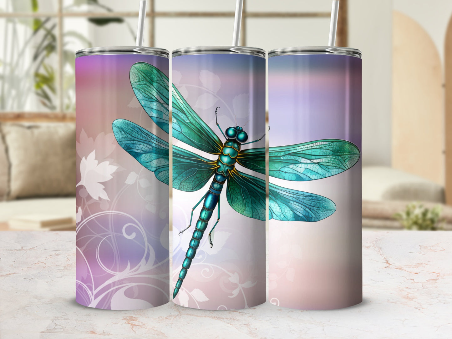 Stunning Dragonfly Design Tall Tumbler for Beverages