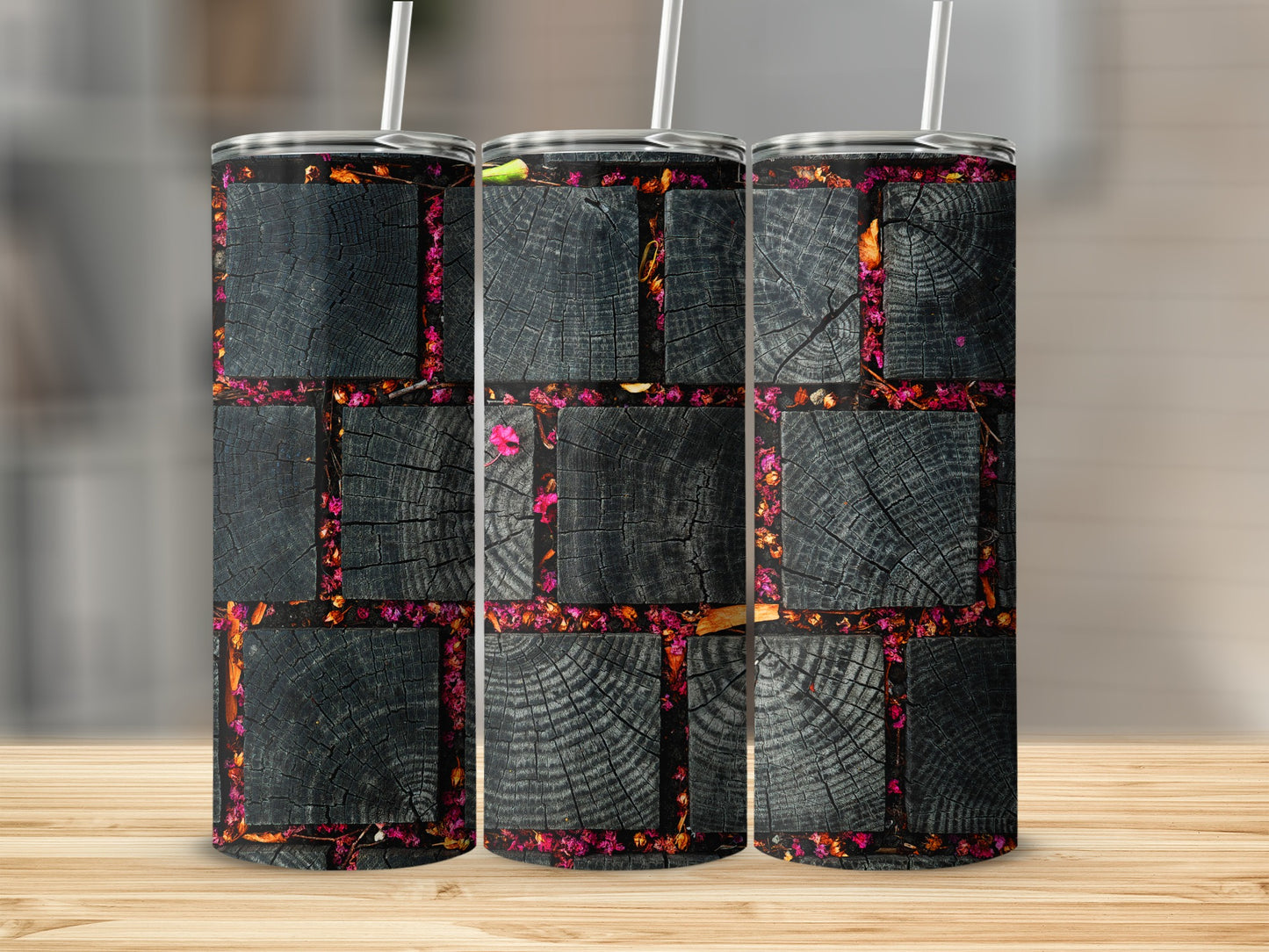 Black Timber Pavers with Pink Flowers Design Tumblers