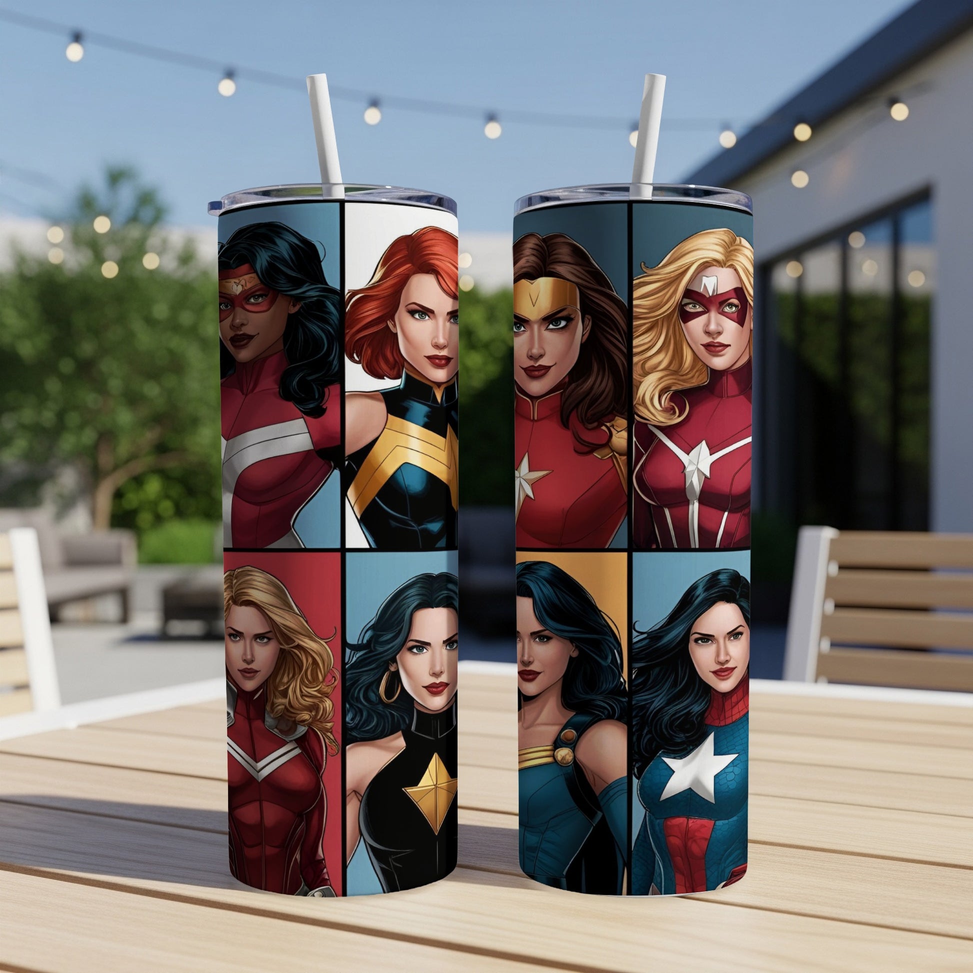 Comic book women superheroes collage on two white tumblers.