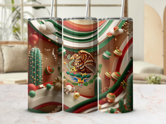 Three tall tumblers decorated with a Mexican flag design and cacti.