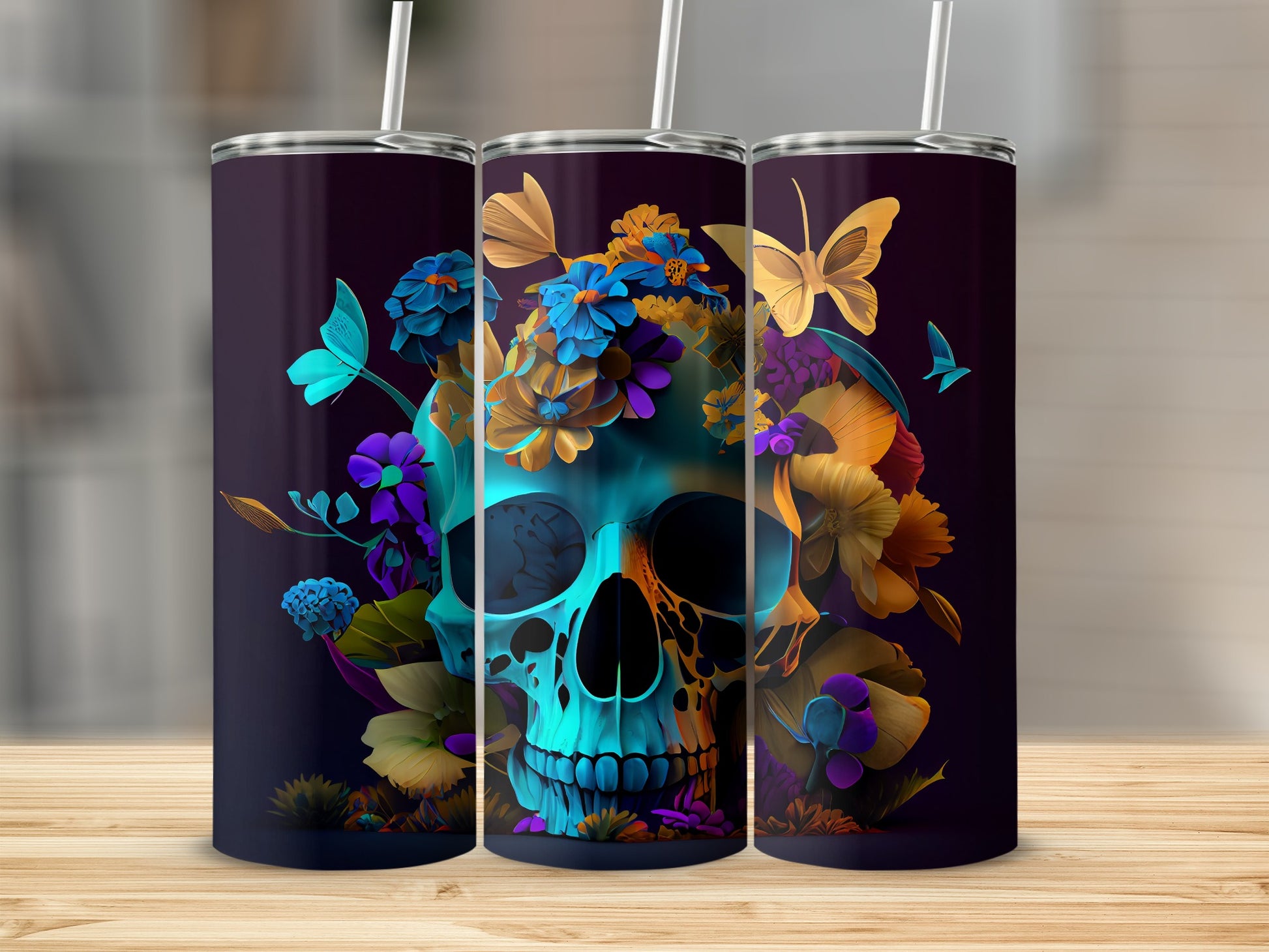 Vibrant Skull and Butterflies Design Tumbler Cup