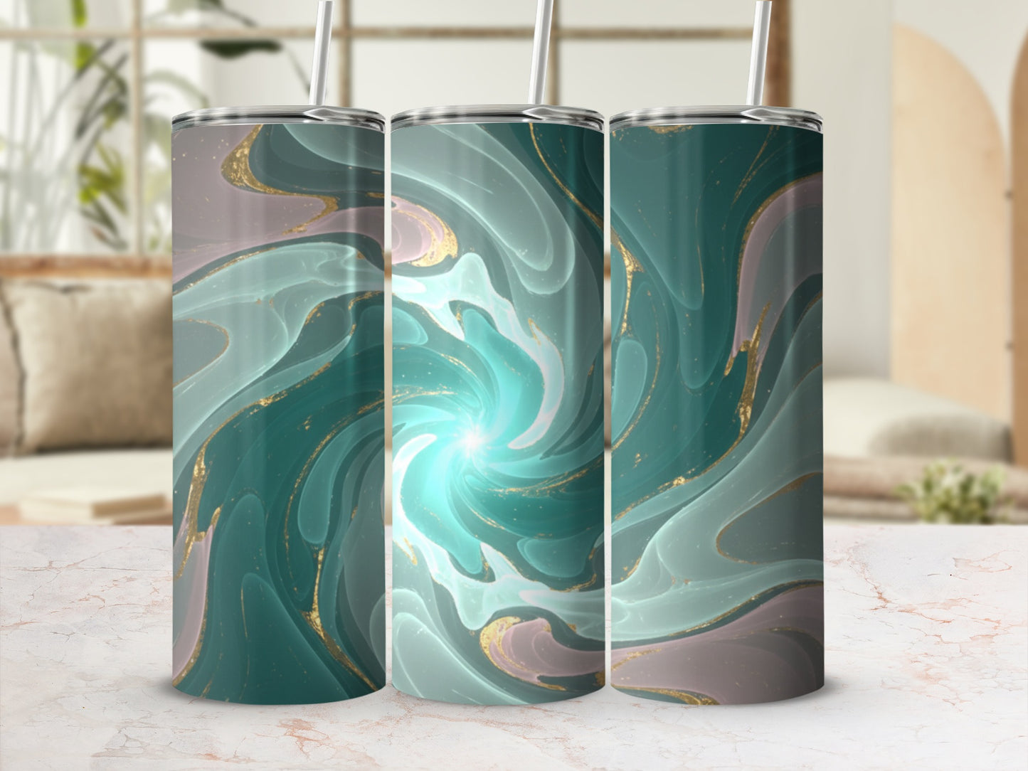 Three tumblers with a swirling teal, pink, and gold abstract pattern.