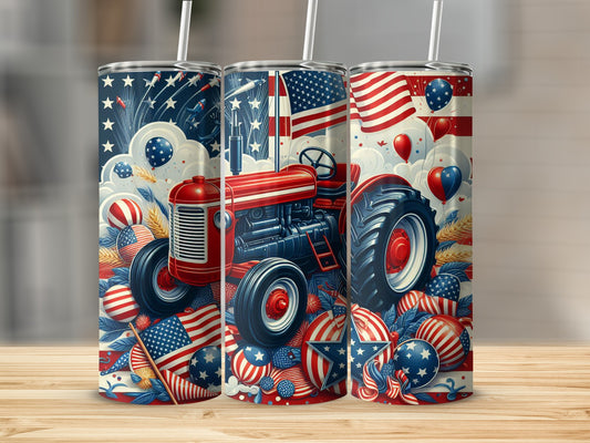 Red tractor surrounded by patriotic decorations and American flags.