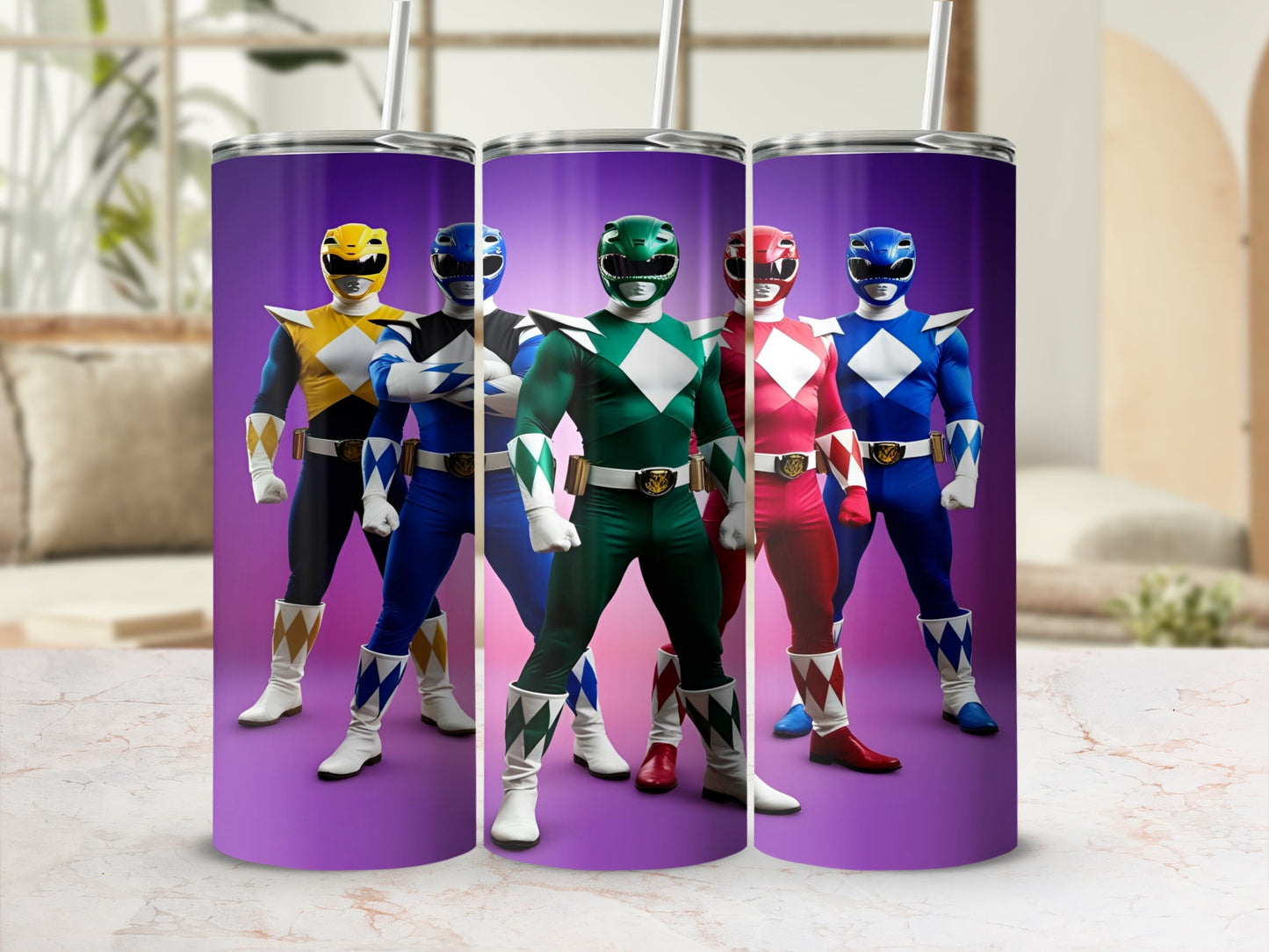 Five Power Rangers in colored suits stand in a row.