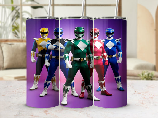 Five Power Rangers in colored suits stand in a row.