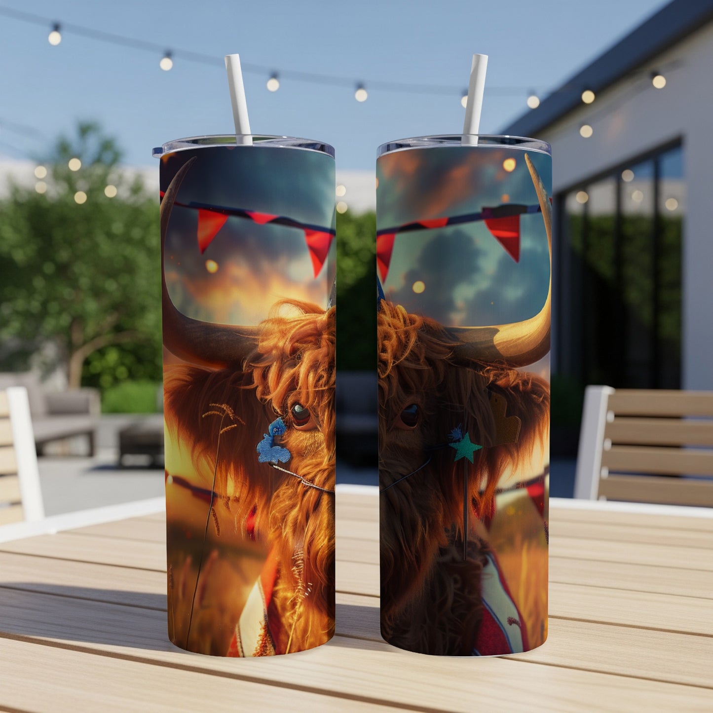 Highland cow with patriotic bandana on patriotic themed tumbler.