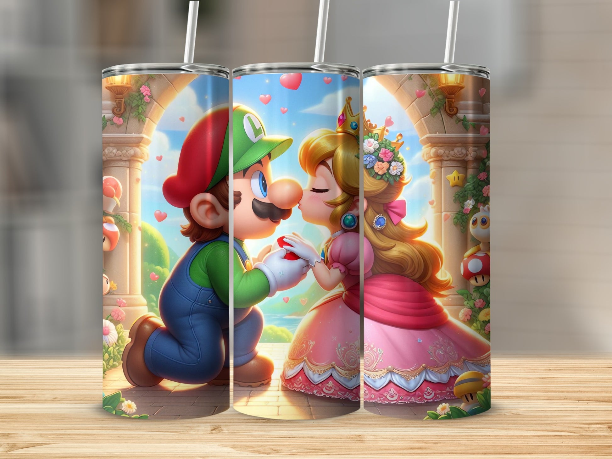 Colorful Mario and Princess Kissing Scene Tumbler Product