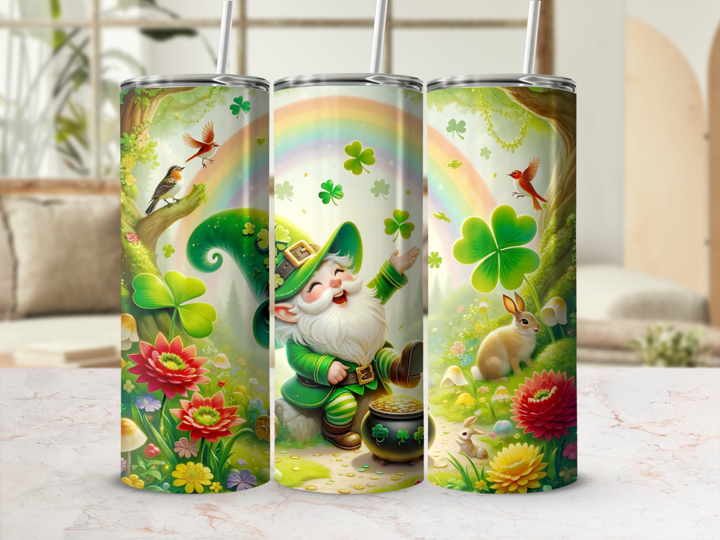 Leprechaun sitting on a pot of gold with a rainbow and shamrocks.