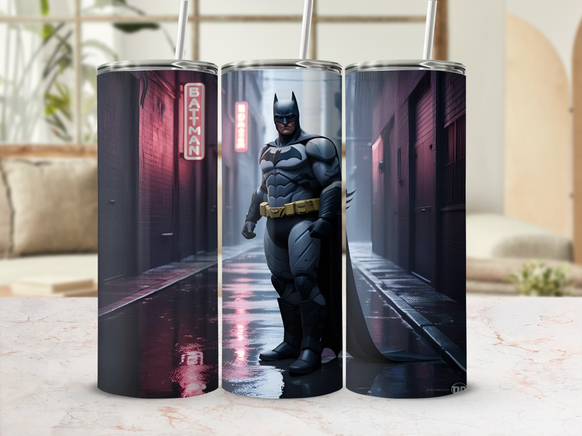 Batman in alleyway, 20oz tumbler with Batman illustration on it.