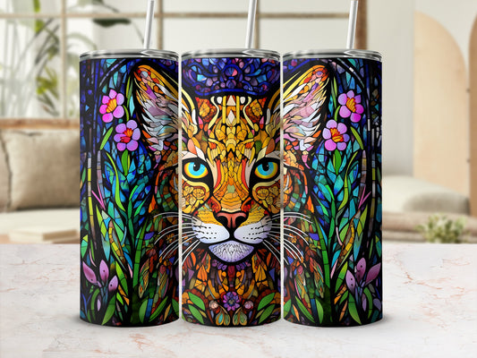 Three tumblers featuring a colorful stained-glass style cat face and floral accents.