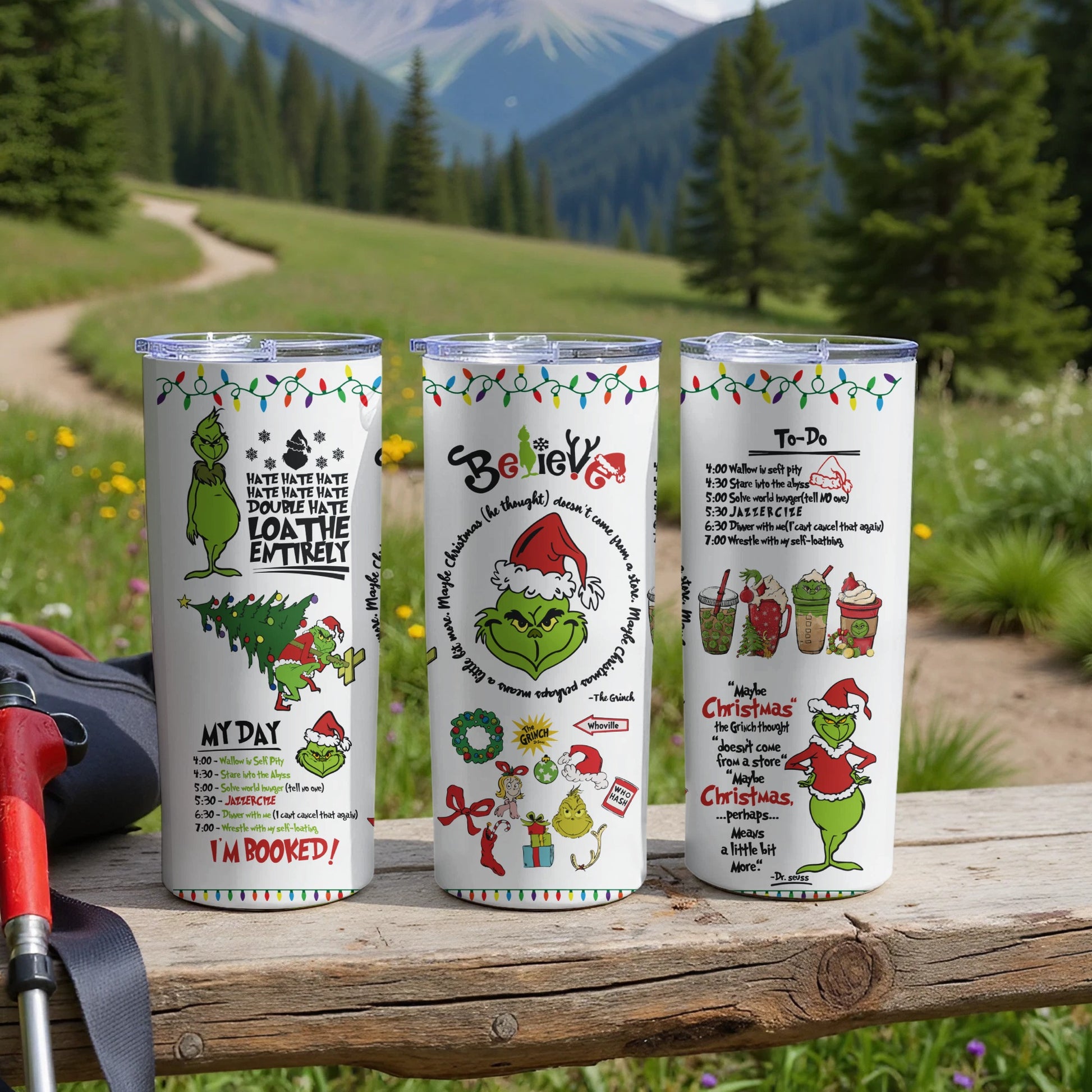 Grinch themed tumbler with "My Day" and "Maybe Christmas" text.