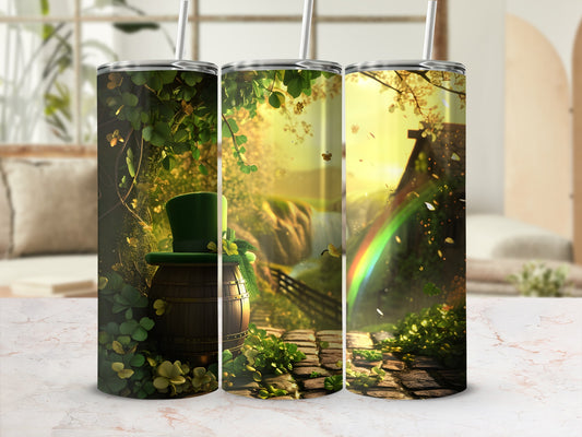 Lucky St. Patrick's Day themed tumbler with a barrel, hat, and rainbow scene.