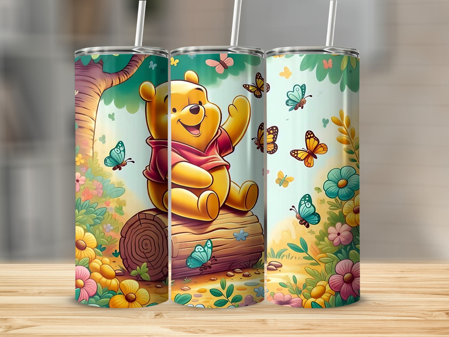Cute Winnie the Pooh Surrounded by Butterflies Tumblers