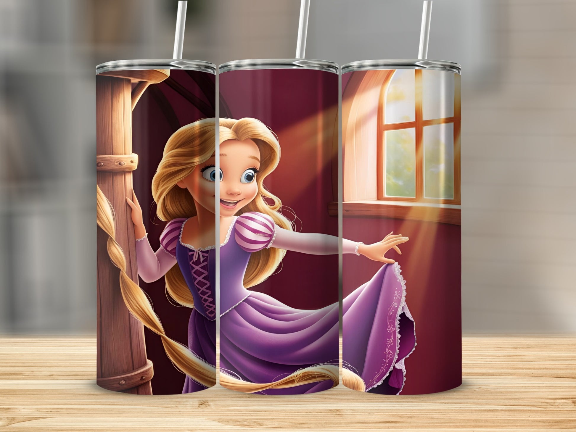 Rapunzel in a purple dress with long blonde hair in a sunlit room.