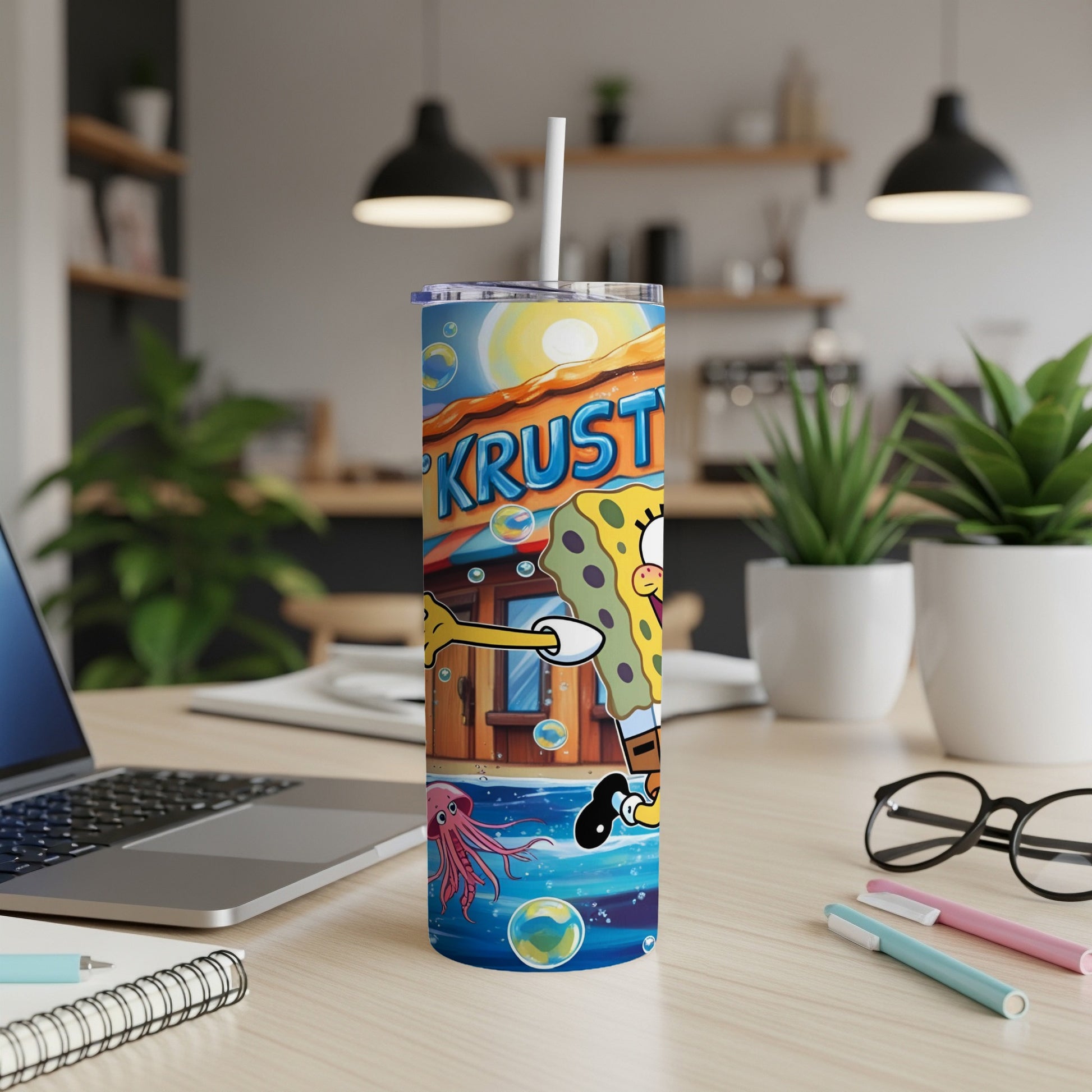 SpongeBob SquarePants Krusty Krab tumbler with jellyfish and underwater scene.