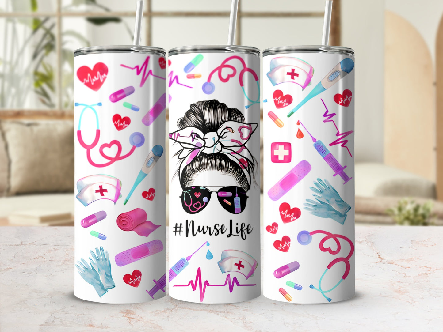 Tumbler with nurse-themed graphics: stethoscope, syringe, gloves, and "#NurseLife" text.