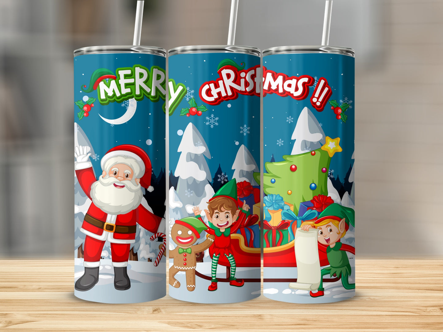 Christmas Themed Holiday Tumblers Featuring Santa and Elves