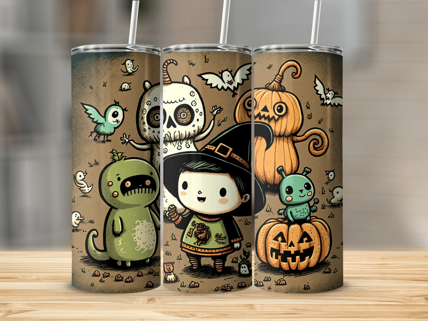 Three tumblers featuring cartoon Halloween characters on a brown background.