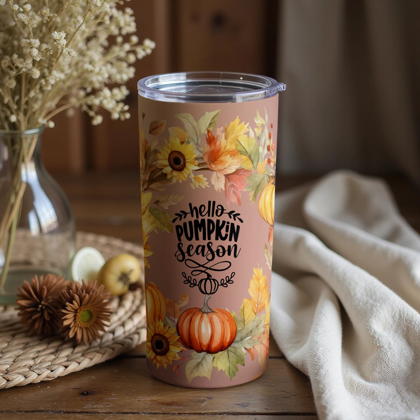 Hello Pumpkin Season Autumn Floral Tumbler Cup