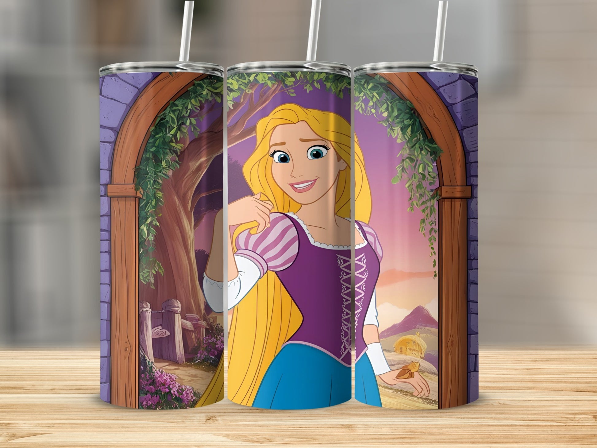 Rapunzel smiling from a rustic archway with purple floral accents.