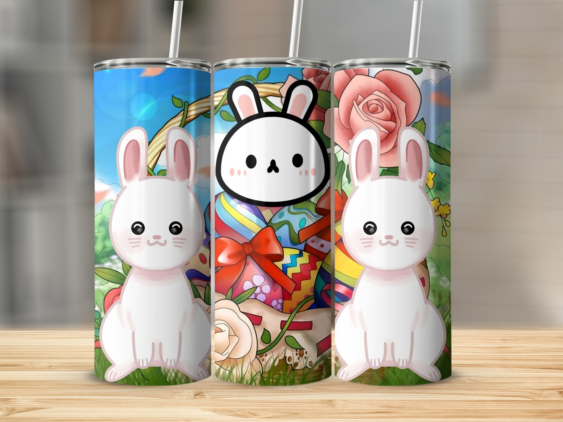 Adorable Bunny and Floral Design Tumbler Cup
