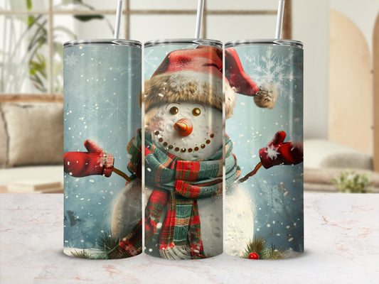 Festive tumbler with a cheerful snowman wearing a Santa hat and scarf.