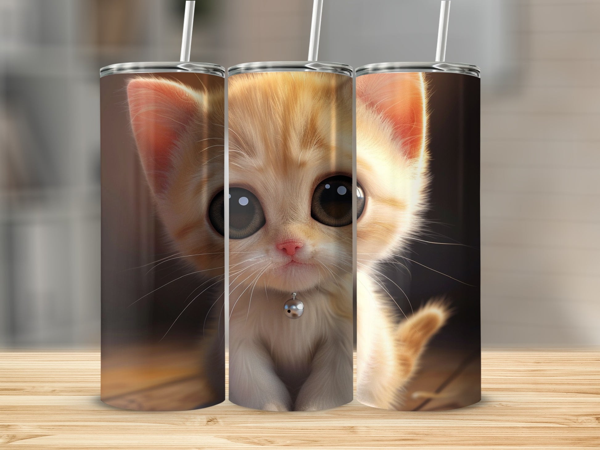 Close-up of a cute, wide-eyed ginger kitten with a silver bell on a collar.