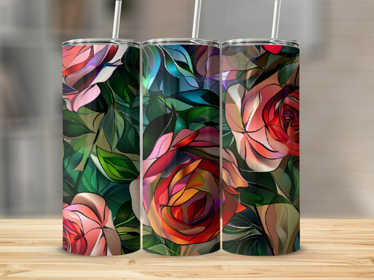 Three tumblers with stained glass rose floral pattern on wooden surface.