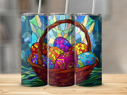 Woven basket overflowing with vibrantly patterned Easter eggs, stained glass background.
