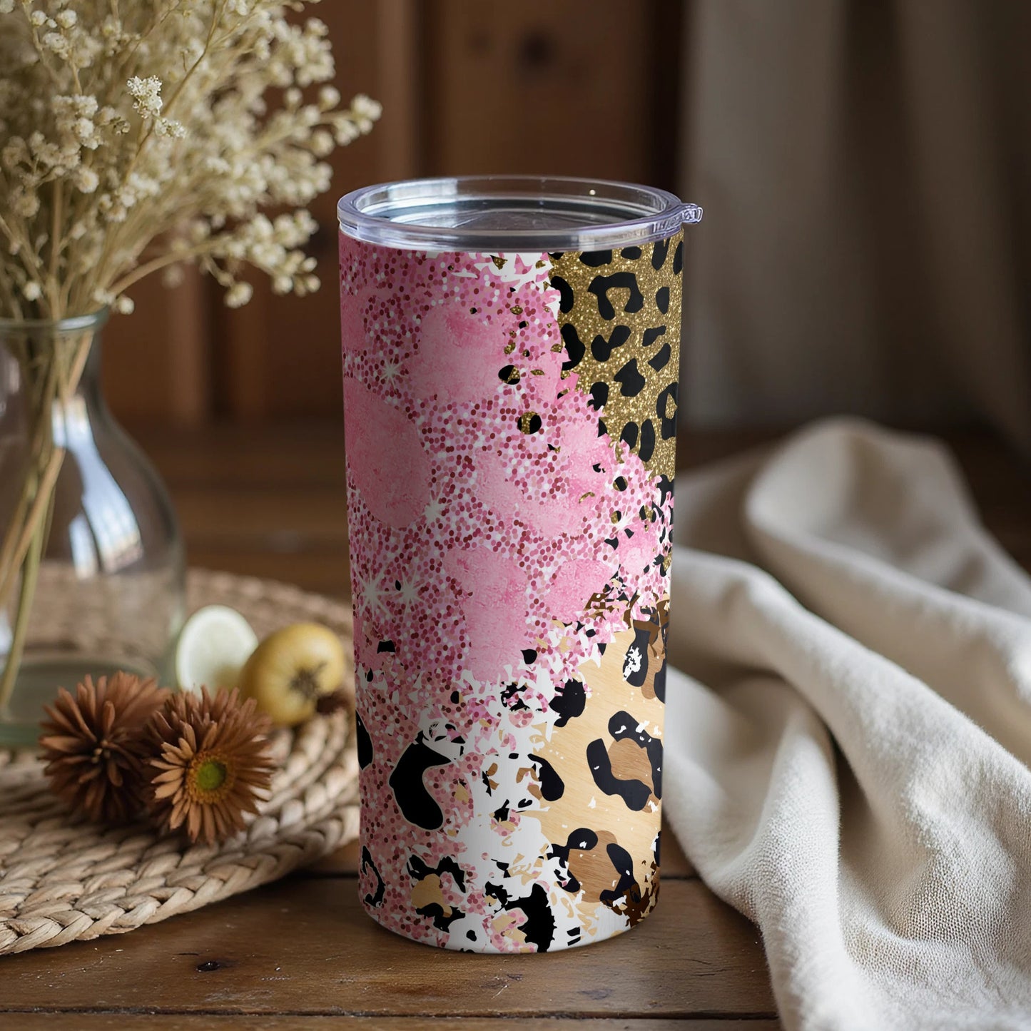 Stylish Pink and Gold Leopard Print Tumbler Product