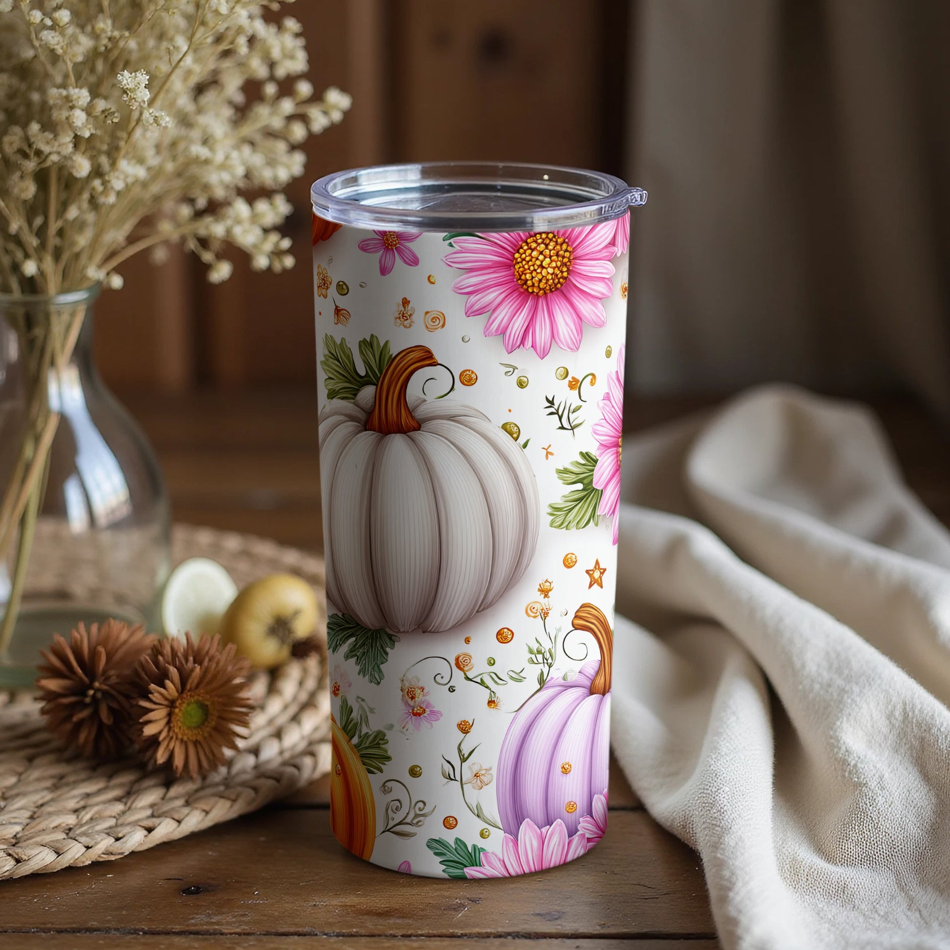 Floral Painted Pumpkins Tumbler for Autumn Drinks